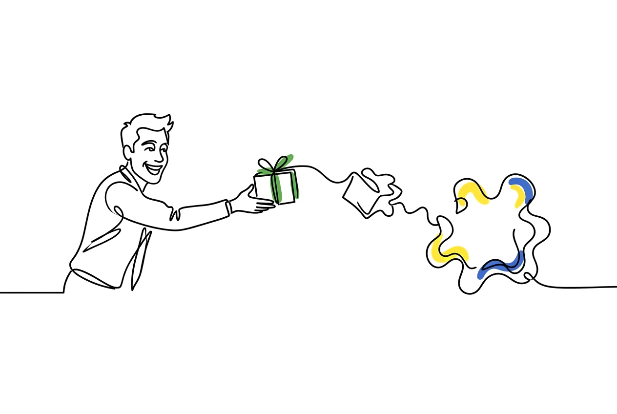 Lijntekening van een man die een cadeau aanreikt dat verderop uiteenspat in kleur