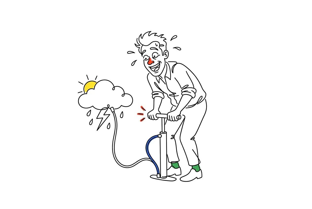 Lijntekening van een man met clownsneus die zwetend lucht in een onweerswolk pompt